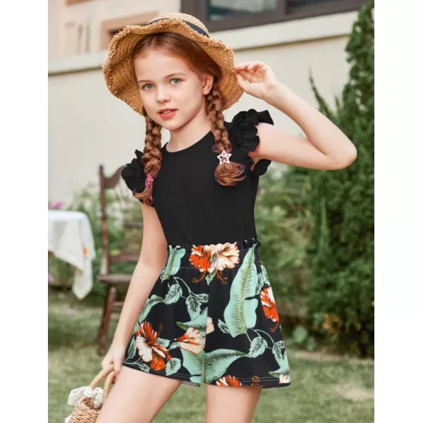 Arshiner Girls 2 Piece Outfits Summer Clothes Ruffle Short Sleeve Shirts Top and High Waist Paper Bag Shorts Set with Pockets