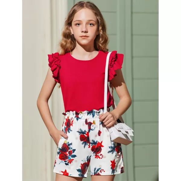 Arshiner Girls 2 Piece Outfits Summer Clothes Ruffle Short Sleeve Shirts Top and High Waist Paper Bag Shorts Set with Pockets