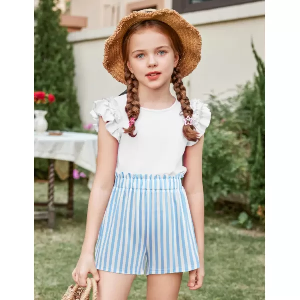 Arshiner Girls 2 Piece Outfits Summer Clothes Ruffle Short Sleeve Shirts Top and High Waist Paper Bag Shorts Set with Pockets