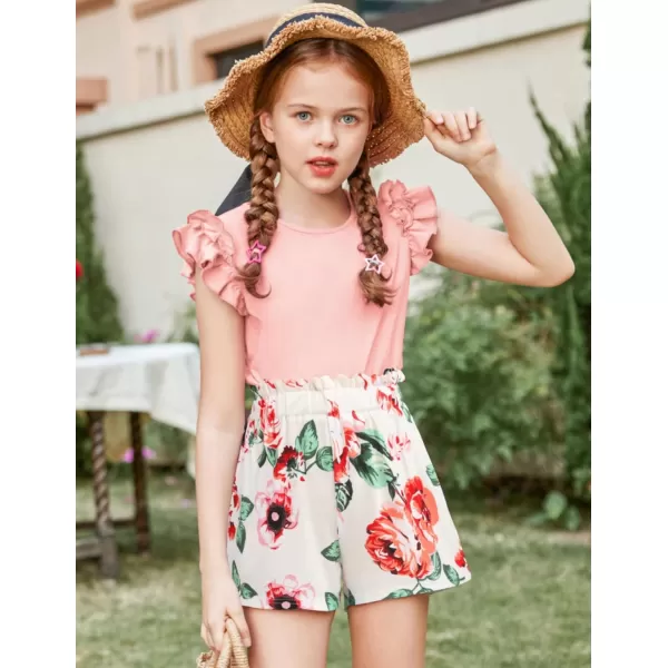 Arshiner Girls 2 Piece Outfits Summer Clothes Ruffle Short Sleeve Shirts Top and High Waist Paper Bag Shorts Set with Pockets