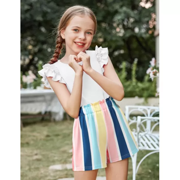 Arshiner Girls 2 Piece Outfits Summer Clothes Ruffle Short Sleeve Shirts Top and High Waist Paper Bag Shorts Set with Pockets