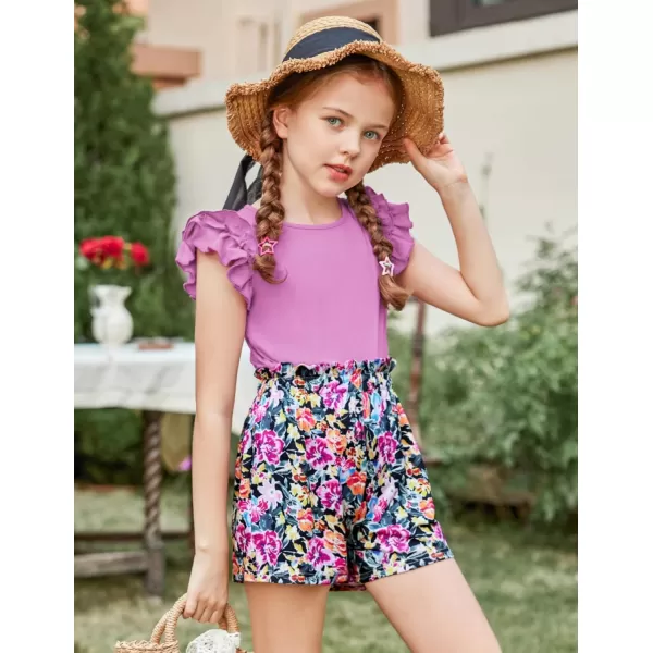 Arshiner Girls 2 Piece Outfits Summer Clothes Ruffle Short Sleeve Shirts Top and High Waist Paper Bag Shorts Set with Pockets