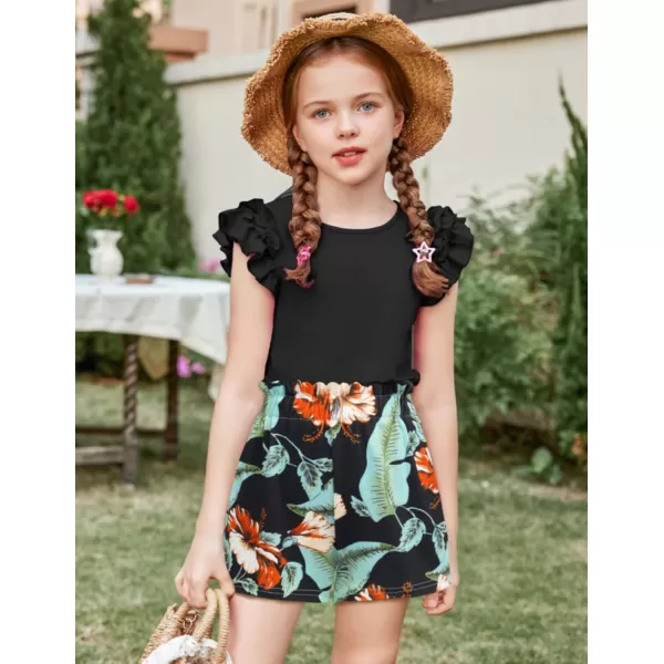 Arshiner Girls 2 Piece Outfits Summer Clothes Ruffle Short Sleeve Shirts Top and High Waist Paper Bag Shorts Set with Pockets