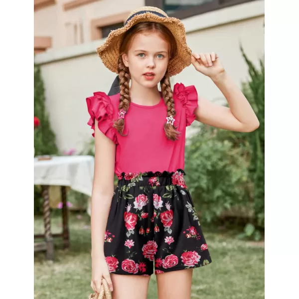 Arshiner Girls 2 Piece Outfits Summer Clothes Ruffle Short Sleeve Shirts Top and High Waist Paper Bag Shorts Set with Pockets