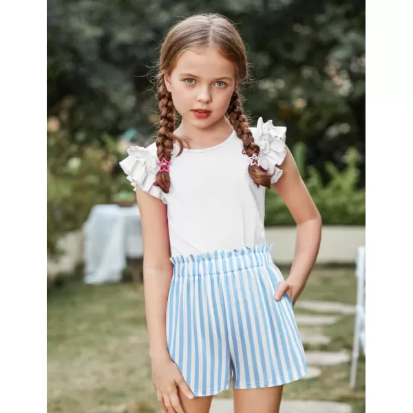 Arshiner Girls 2 Piece Outfits Summer Clothes Ruffle Short Sleeve Shirts Top and High Waist Paper Bag Shorts Set with Pockets