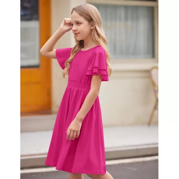 Arshiner Girl's Casual Dress Summer Scoop Neck Short Sleeve Flowy Print and Plain Sundress for Kids 4-14Y