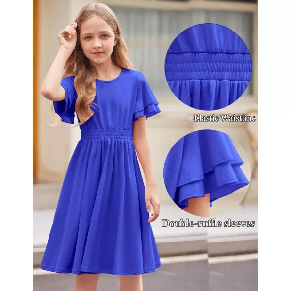 Arshiner Girl's Casual Dress Summer Scoop Neck Short Sleeve Flowy Print and Plain Sundress for Kids 4-14Y