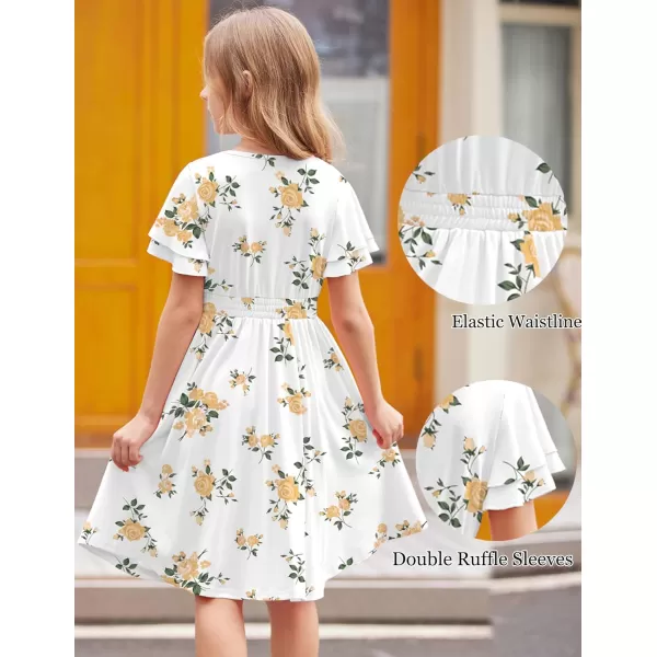 Arshiner Girl's Casual Dress Summer Scoop Neck Short Sleeve Flowy Print and Plain Sundress for Kids 4-14Y
