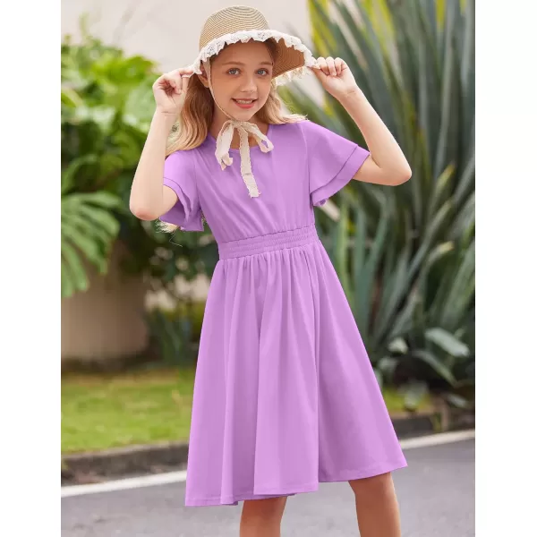 Arshiner Girl's Casual Dress Summer Scoop Neck Short Sleeve Flowy Print and Plain Sundress for Kids 4-14Y