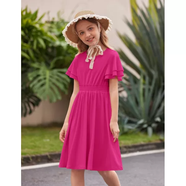 Arshiner Girl's Casual Dress Summer Scoop Neck Short Sleeve Flowy Print and Plain Sundress for Kids 4-14Y