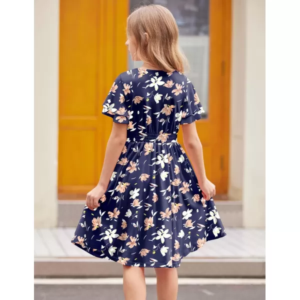 Arshiner Girl's Casual Dress Summer Scoop Neck Short Sleeve Flowy Print and Plain Sundress for Kids 4-14Y