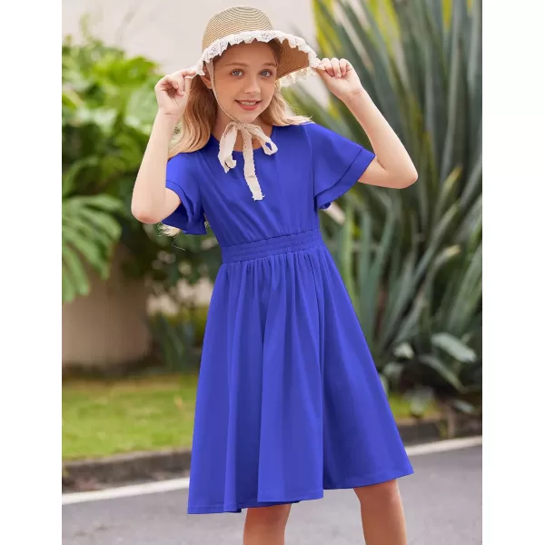 Arshiner Girl's Casual Dress Summer Scoop Neck Short Sleeve Flowy Print and Plain Sundress for Kids 4-14Y
