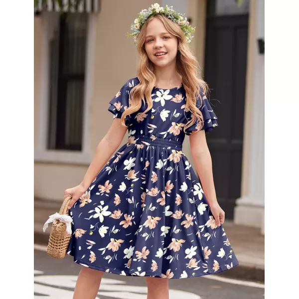 Arshiner Girl's Casual Dress Summer Scoop Neck Short Sleeve Flowy Print and Plain Sundress for Kids 4-14Y