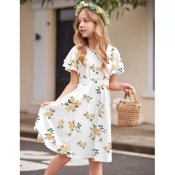 Arshiner Girl's Casual Dress Summer Scoop Neck Short Sleeve Flowy Print and Plain Sundress for Kids 4-14Y