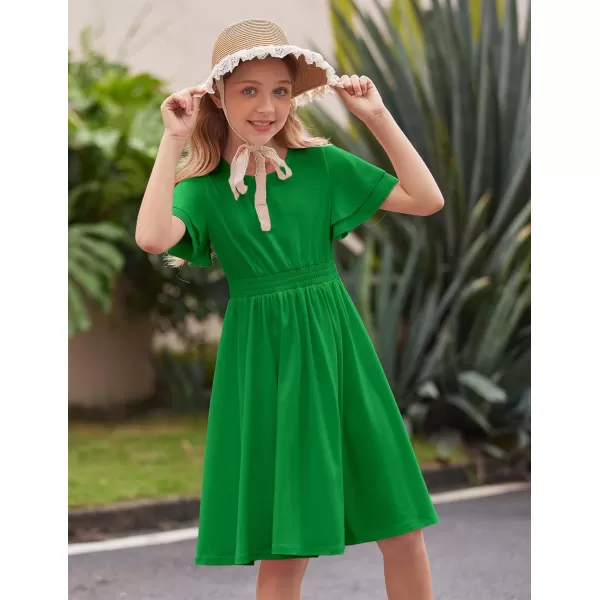 Arshiner Girl's Casual Dress Summer Scoop Neck Short Sleeve Flowy Print and Plain Sundress for Kids 4-14Y