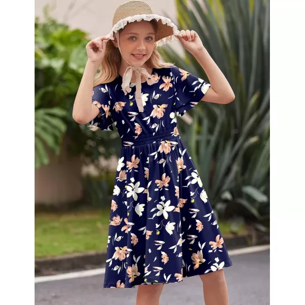 Arshiner Girl's Casual Dress Summer Scoop Neck Short Sleeve Flowy Print and Plain Sundress for Kids 4-14Y