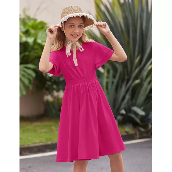 Arshiner Girl's Casual Dress Summer Scoop Neck Short Sleeve Flowy Print and Plain Sundress for Kids 4-14Y
