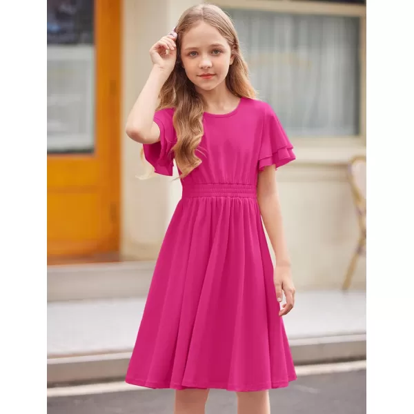 Arshiner Girl's Casual Dress Summer Scoop Neck Short Sleeve Flowy Print and Plain Sundress for Kids 4-14Y