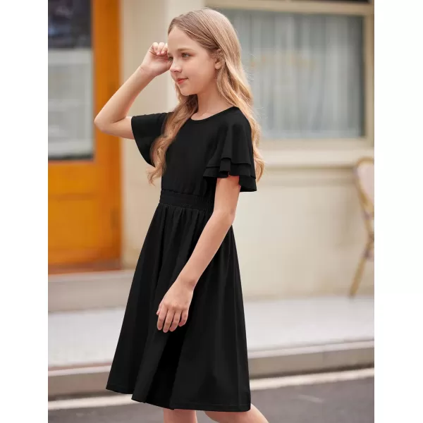 Arshiner Girl's Casual Dress Summer Scoop Neck Short Sleeve Flowy Print and Plain Sundress for Kids 4-14Y