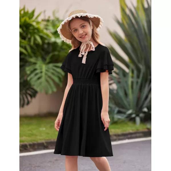 Arshiner Girl's Casual Dress Summer Scoop Neck Short Sleeve Flowy Print and Plain Sundress for Kids 4-14Y