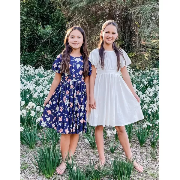 Arshiner Girl's Casual Dress Summer Scoop Neck Short Sleeve Flowy Print and Plain Sundress for Kids 4-14Y