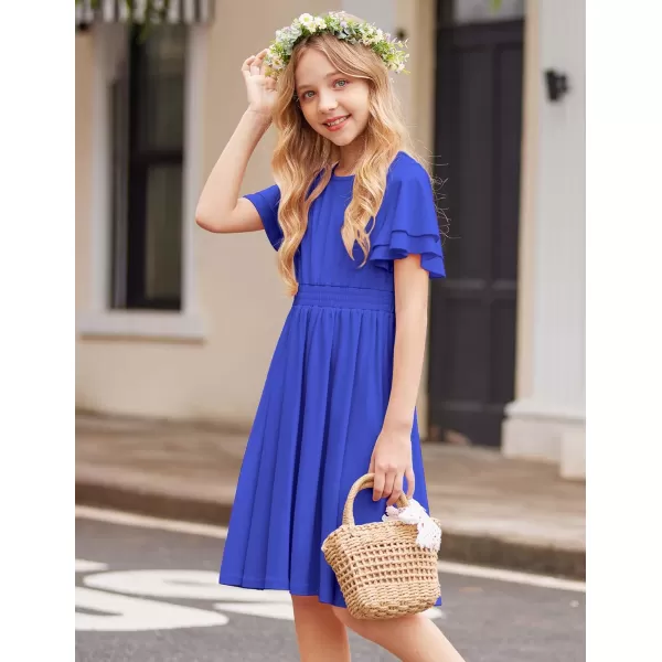 Arshiner Girl's Casual Dress Summer Scoop Neck Short Sleeve Flowy Print and Plain Sundress for Kids 4-14Y