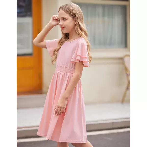 Arshiner Girl's Casual Dress Summer Scoop Neck Short Sleeve Flowy Print and Plain Sundress for Kids 4-14Y