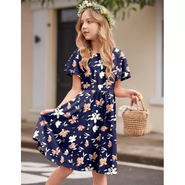 Arshiner Girl's Casual Dress Summer Scoop Neck Short Sleeve Flowy Print and Plain Sundress for Kids 4-14Y