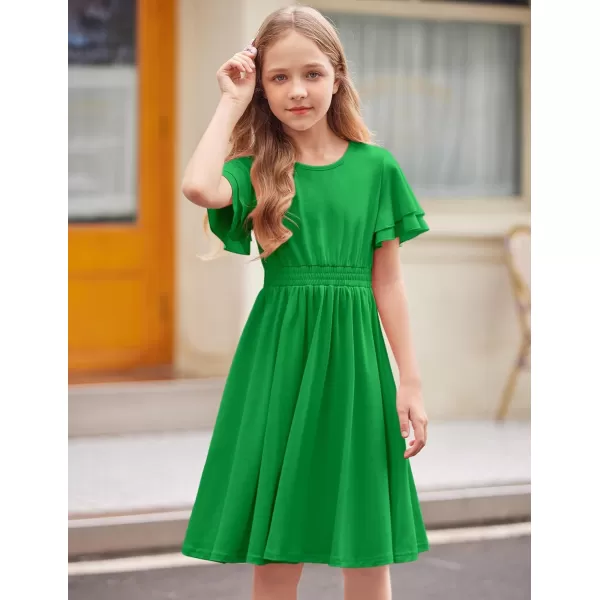 Arshiner Girl's Casual Dress Summer Scoop Neck Short Sleeve Flowy Print and Plain Sundress for Kids 4-14Y