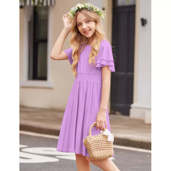 Arshiner Girl's Casual Dress Summer Scoop Neck Short Sleeve Flowy Print and Plain Sundress for Kids 4-14Y