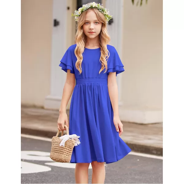Arshiner Girl's Casual Dress Summer Scoop Neck Short Sleeve Flowy Print and Plain Sundress for Kids 4-14Y