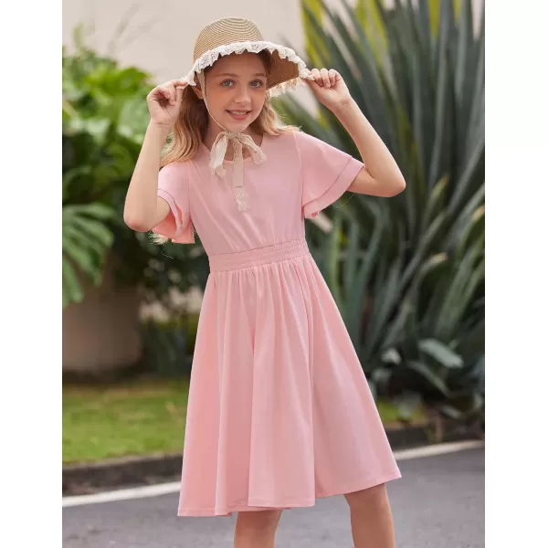Arshiner Girl's Casual Dress Summer Scoop Neck Short Sleeve Flowy Print and Plain Sundress for Kids 4-14Y