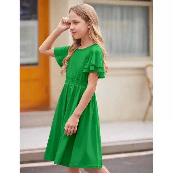 Arshiner Girl's Casual Dress Summer Scoop Neck Short Sleeve Flowy Print and Plain Sundress for Kids 4-14Y