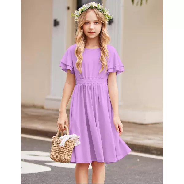 Arshiner Girl's Casual Dress Summer Scoop Neck Short Sleeve Flowy Print and Plain Sundress for Kids 4-14Y