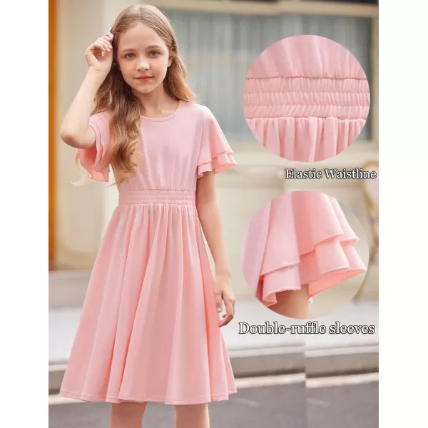 Arshiner Girl's Casual Dress Summer Scoop Neck Short Sleeve Flowy Print and Plain Sundress for Kids 4-14Y
