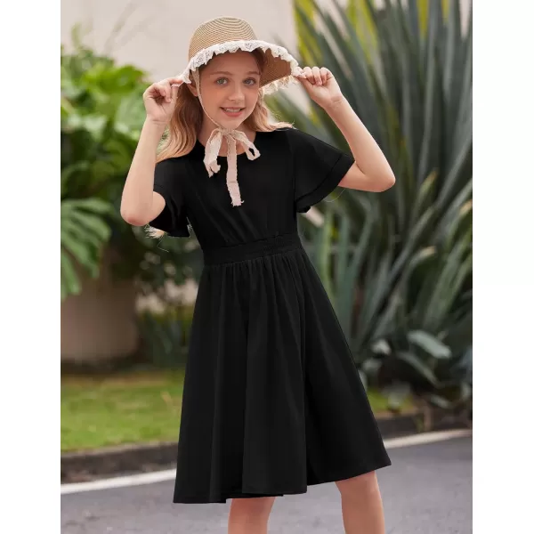 Arshiner Girl's Casual Dress Summer Scoop Neck Short Sleeve Flowy Print and Plain Sundress for Kids 4-14Y