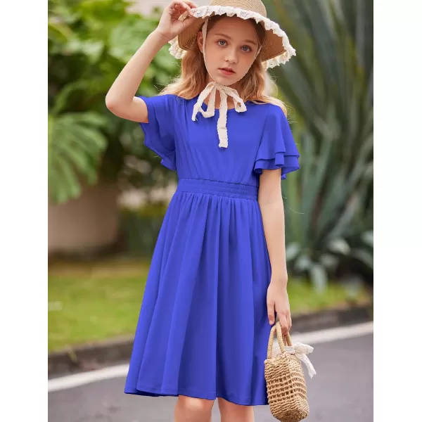 Arshiner Girl's Casual Dress Summer Scoop Neck Short Sleeve Flowy Print and Plain Sundress for Kids 4-14Y