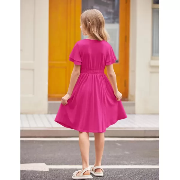 Arshiner Girl's Casual Dress Summer Scoop Neck Short Sleeve Flowy Print and Plain Sundress for Kids 4-14Y