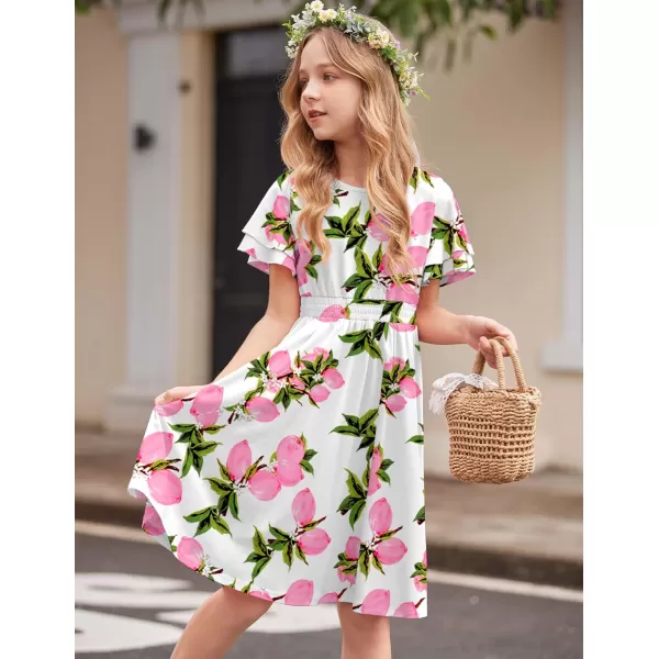 Arshiner Girl's Casual Dress Summer Scoop Neck Short Sleeve Flowy Print and Plain Sundress for Kids 4-14Y
