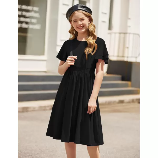 Arshiner Girl's Casual Dress Summer Scoop Neck Short Sleeve Flowy Print and Plain Sundress for Kids 4-14Y