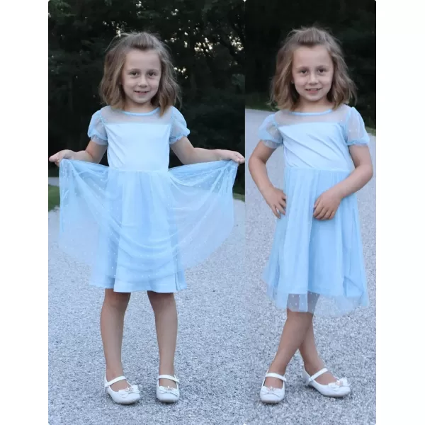 Arshiner Girls Dress Contrast Mesh Puffy Short Sleeve A Line Casual Party Dress 3-12 Years