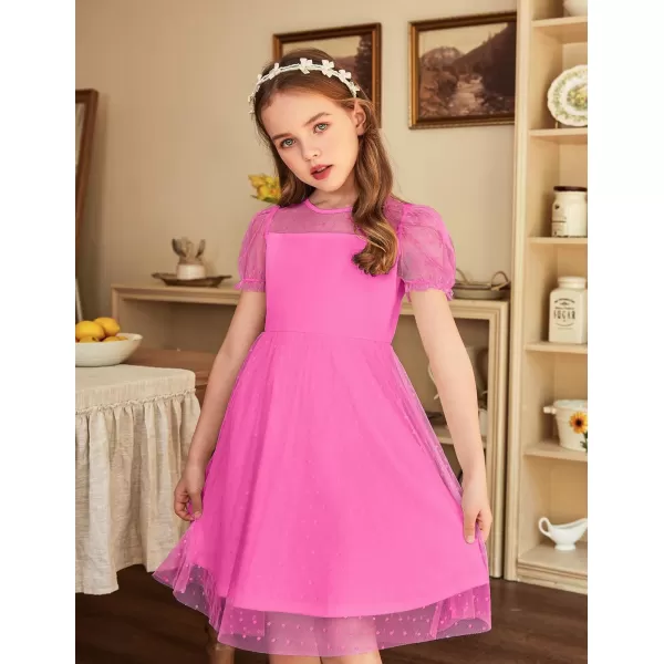 Arshiner Girls Dress Contrast Mesh Puffy Short Sleeve A Line Casual Party Dress 3-12 Years