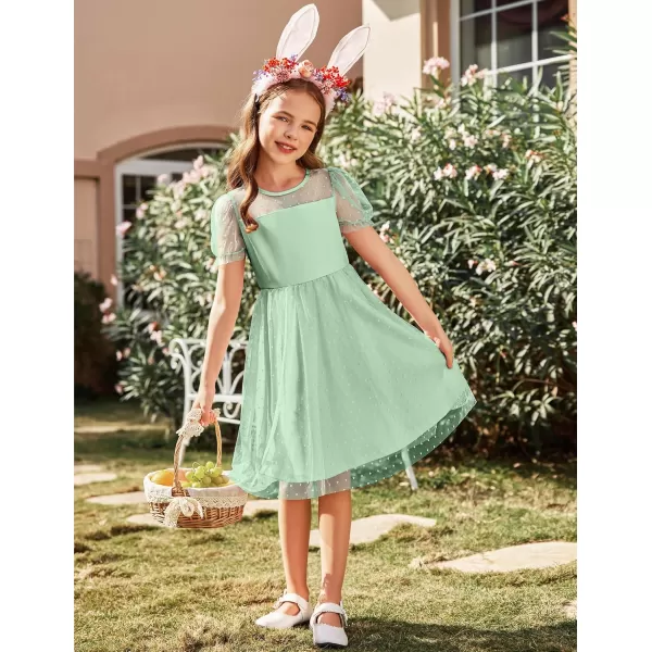 Arshiner Girls Dress Contrast Mesh Puffy Short Sleeve A Line Casual Party Dress 3-12 Years