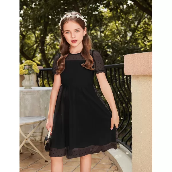 Arshiner Girls Dress Contrast Mesh Puffy Short Sleeve A Line Casual Party Dress 3-12 Years