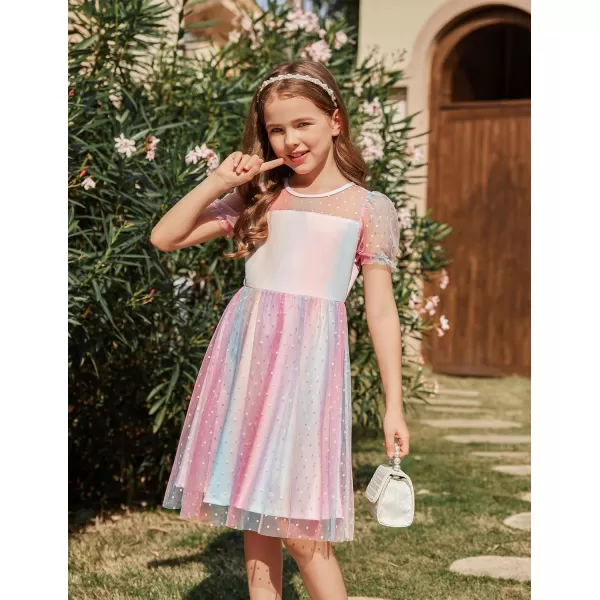 Arshiner Girls Dress Contrast Mesh Puffy Short Sleeve A Line Casual Party Dress 3-12 Years