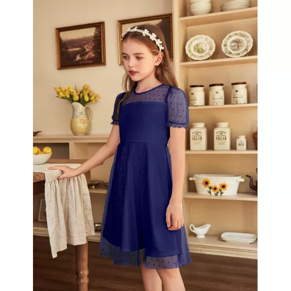 Arshiner Girls Dress Contrast Mesh Puffy Short Sleeve A Line Casual Party Dress 3-12 Years