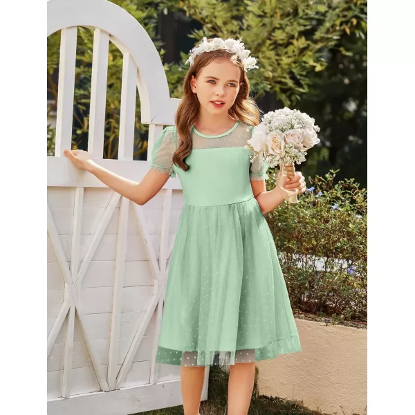 Arshiner Girls Dress Contrast Mesh Puffy Short Sleeve A Line Casual Party Dress 3-12 Years