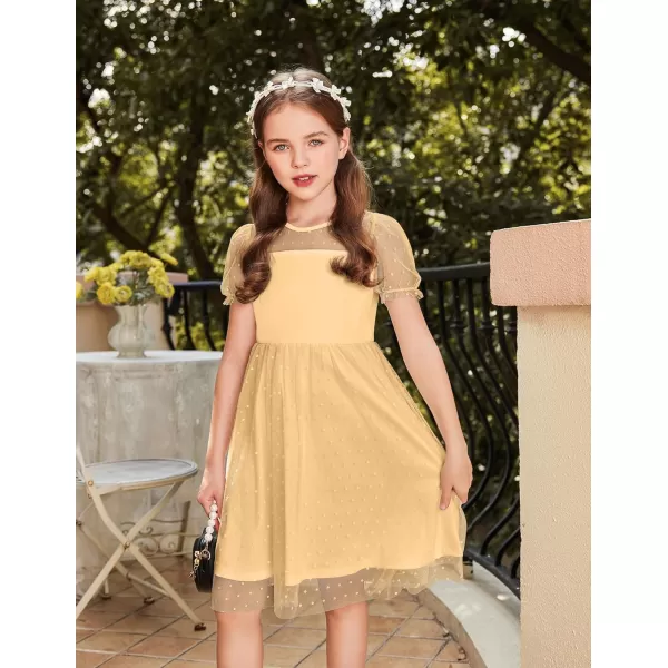 Arshiner Girls Dress Contrast Mesh Puffy Short Sleeve A Line Casual Party Dress 3-12 Years