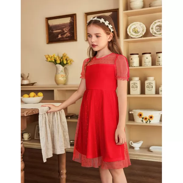 Arshiner Girls Dress Contrast Mesh Puffy Short Sleeve A Line Casual Party Dress 3-12 Years