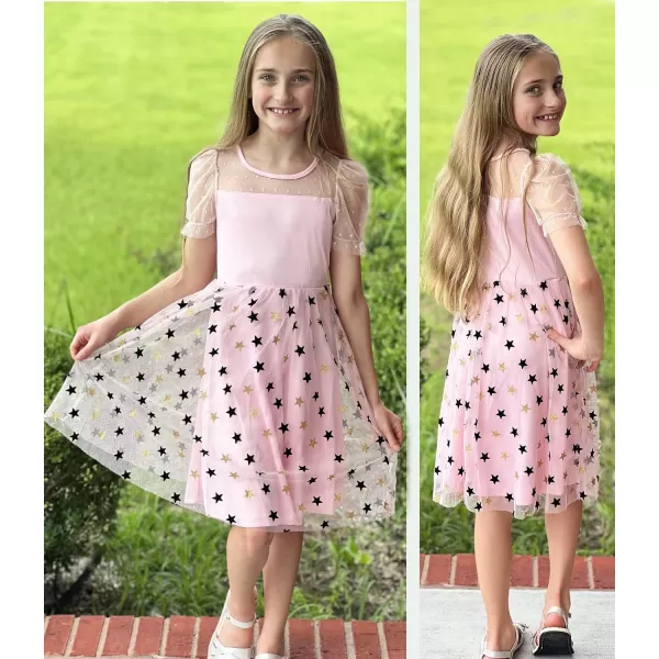 Arshiner Girls Dress Contrast Mesh Puffy Short Sleeve A Line Casual Party Dress 3-12 Years